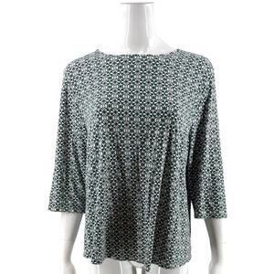 J Jill Wearever Collection Womens Top Sz XL Teal Blue White Printed Stretch Knit
